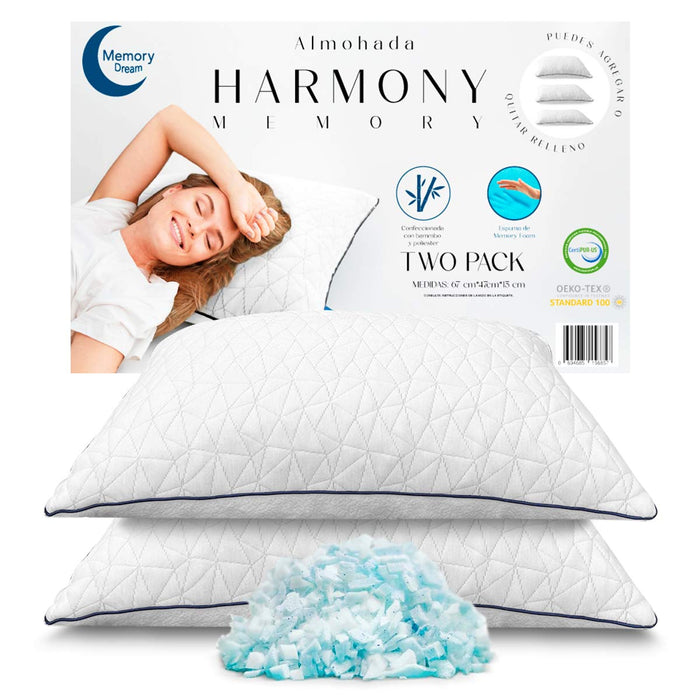 MEMORY DREAM HARMONY Almohadas de Memory Foam triturado, Paquete de 2, Almohadas de Lujo, Almohada Tela de Bamboo