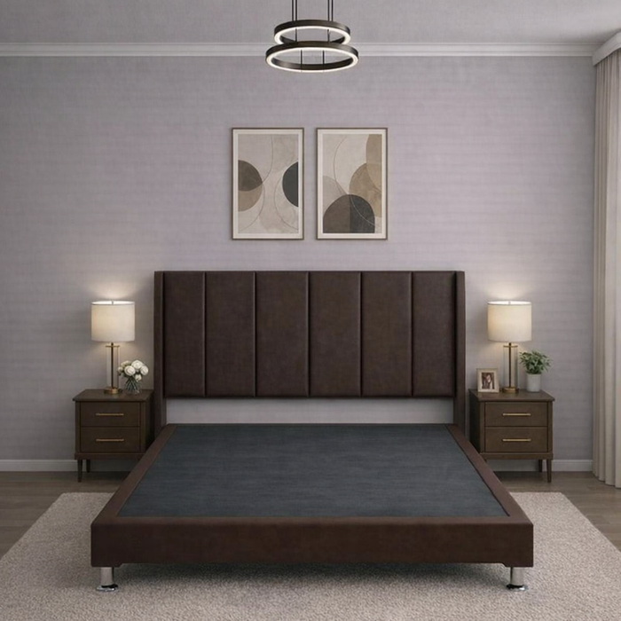 Juego de Base Cama + Cabecera Tapizada En Vinipiel Chocolate | Madera de Pino | Moderno Diseño Y Calidad Premium  | Minimalista | Muy Resistente Y Garantizada