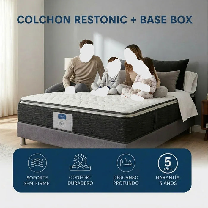 Paquete de Colchon Restonic Park con Base Box Almohadas y Protector Gratis