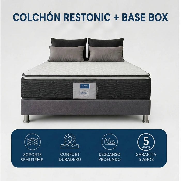 Paquete de Colchon Restonic Park con Base Box Almohadas y Protector Gratis