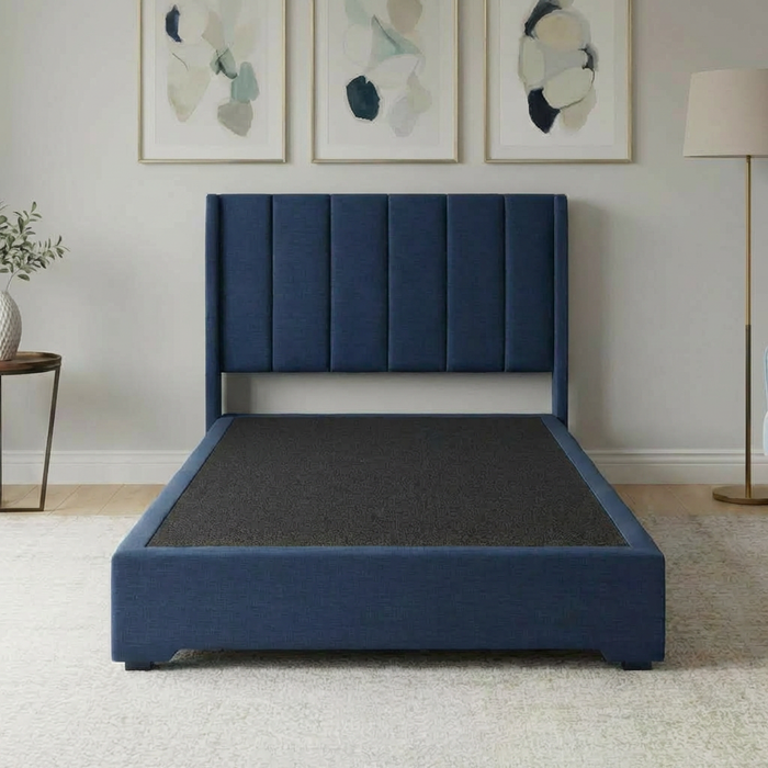 Juego de Base Cama + Cabecera Tapizada En Tela Lino Azul | Madera de Pino | Moderno Diseño Y Calidad Premium  | Minimalista | Muy Resistente Y Garantizada