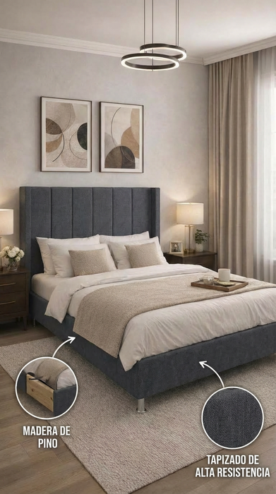 Base Cama Box Spring Tapizado en Tela Lino Oxford | De Madera De Pino | Altura 30cm | Moderno Diseño Y Calidad Premium |  Minimalista | Con Patas Cromadas | Muy Resistente Y Garantizado
