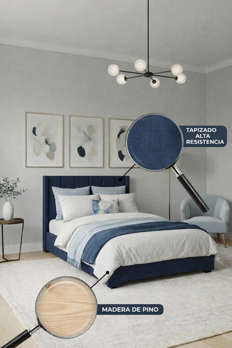 Juego de Base Cama + Cabecera Tapizada En Tela Lino Azul | Madera de Pino | Moderno Diseño Y Calidad Premium  | Minimalista | Muy Resistente Y Garantizada
