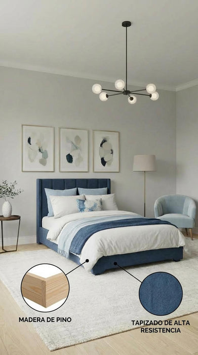 Base Cama Box Spring Tapizado en Tela Lino Azul | De Madera De Pino | Altura 26cm | Moderno Diseño Y Calidad Premium |  Minimalista | Muy Resistente Y Garantizado