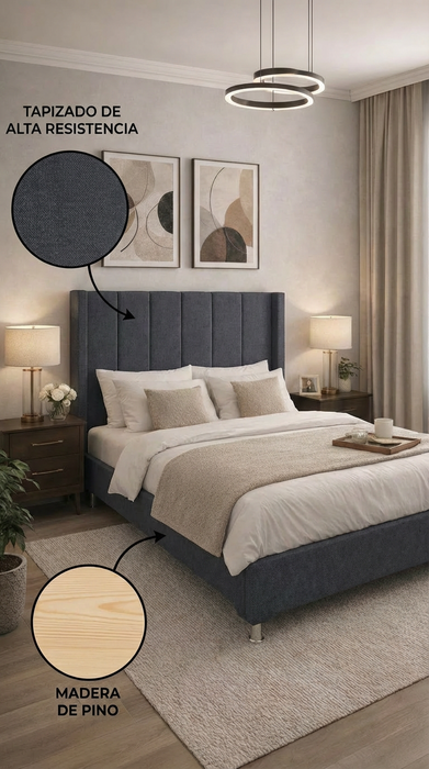 Juego de Base Cama + Cabecera Tapizada En Tela Lino Oxford | Madera de Pino | Moderno Diseño Y Calidad Premium  | Minimalista | Muy Resistente Y Garantizada