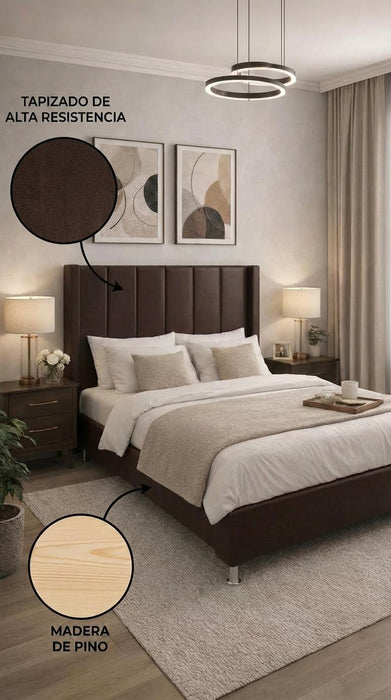 Juego de Base Cama + Cabecera Tapizada En Vinipiel Chocolate | Madera de Pino | Moderno Diseño Y Calidad Premium  | Minimalista | Muy Resistente Y Garantizada