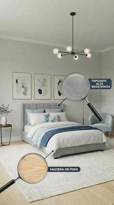 Juego de Base Cama + Cabecera Tapizada En Tela Lino Gris | Madera de Pino | Moderno Diseño Y Calidad Premium  | Minimalista | Muy Resistente Y Garantizada
