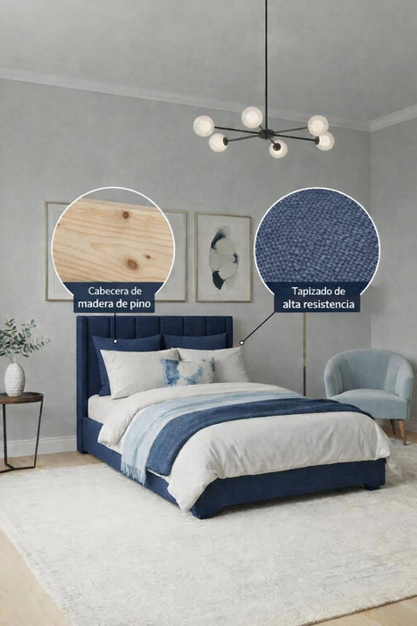 Cabecera Para Cama O Recamara Tapizada En Tela Lino Azul | De Madera De Pino | Moderno Diseño Y Calidad Premium | Minimalista | Muy Resistente