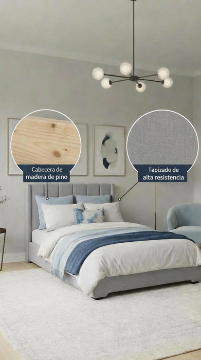 Cabecera Para Cama O Recamara Tapizada En Tela Lino Gris | De Madera De Pino | Moderno Diseño Y Calidad Premium | Minimalista | Muy Resistente