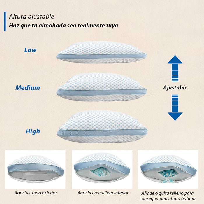 Paquete de 2 Almohadas Cool Dreams,  tamaño King, Almohadas Ajustables de Memory Foam Triturado, firmeza Media, Almohadas ortopédicas