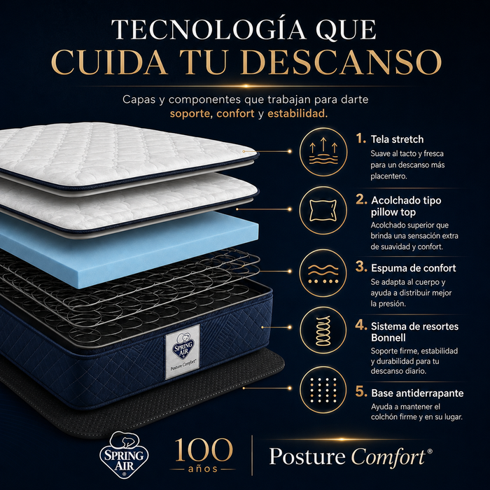 Colchón Spring Air 5 años Garantia Posture Confort Shot Confort Semi-Firme con Pillow Top