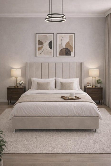 Base Cama Box Spring Tapizado Vinipiel Hanzo Crema | De Madera De Pino | Altura 30cm | Moderno Diseño Y Calidad Premium |  Minimalista | Con Patas Cromadas | Muy Resistente Y Garantizado