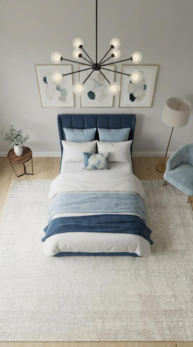 Juego de Base Cama + Cabecera Tapizada En Tela Lino Azul | Madera de Pino | Moderno Diseño Y Calidad Premium  | Minimalista | Muy Resistente Y Garantizada