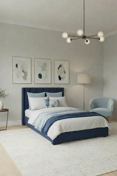 Juego de Base Cama + Cabecera Tapizada En Tela Lino Azul | Madera de Pino | Moderno Diseño Y Calidad Premium  | Minimalista | Muy Resistente Y Garantizada