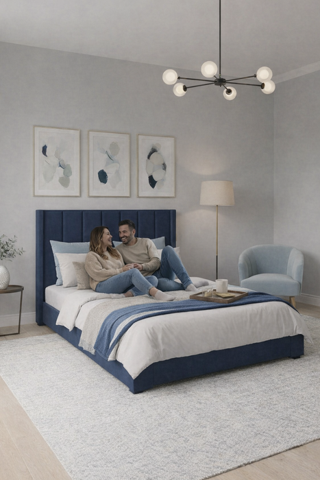 Juego de Base Cama + Cabecera Tapizada En Tela Lino Azul | Madera de Pino | Moderno Diseño Y Calidad Premium  | Minimalista | Muy Resistente Y Garantizada