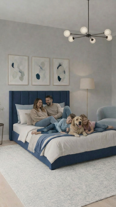 Juego de Base Cama + Cabecera Tapizada En Tela Lino Azul | Madera de Pino | Moderno Diseño Y Calidad Premium  | Minimalista | Muy Resistente Y Garantizada