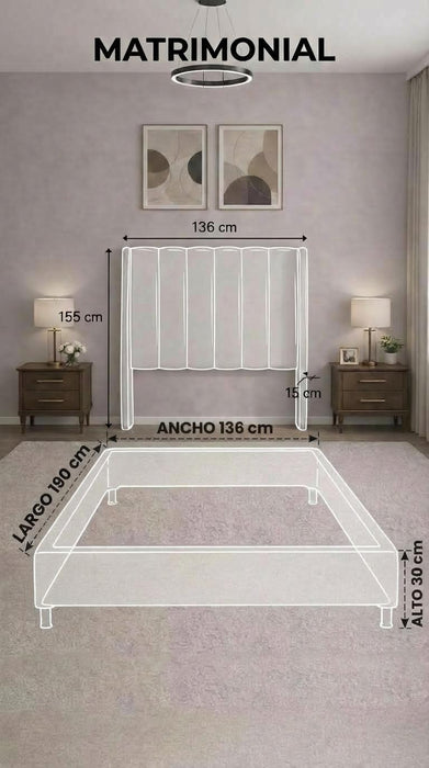 Juego de Base Cama + Cabecera Tapizada En Vinipiel Hanzo Crema | Madera de Pino | Moderno Diseño Y Calidad Premium  | Minimalista | Muy Resistente Y Garantizada