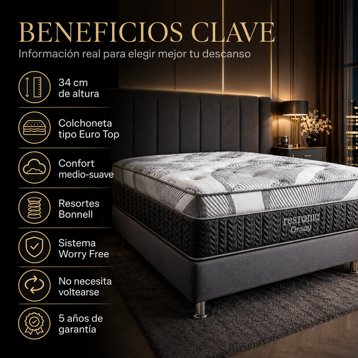 Colchón ORSAY Restonic 34cm de altura con colchoenta EUROTOP – Soporte Semifirme con Resortes Bonnel