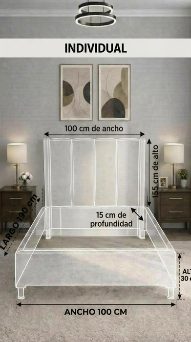 Juego de Base Cama + Cabecera Tapizada En Vinipiel Hanzo Crema | Madera de Pino | Moderno Diseño Y Calidad Premium  | Minimalista | Muy Resistente Y Garantizada