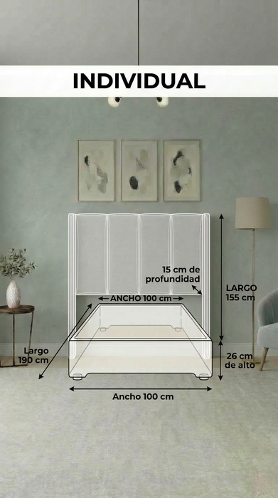 Juego de Base Cama + Cabecera Tapizada En Tela Lino Gris | Madera de Pino | Moderno Diseño Y Calidad Premium  | Minimalista | Muy Resistente Y Garantizada