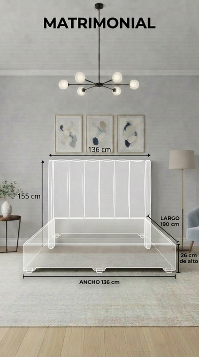 Juego de Base Cama + Cabecera Tapizada En Tela Lino Gris | Madera de Pino | Moderno Diseño Y Calidad Premium  | Minimalista | Muy Resistente Y Garantizada