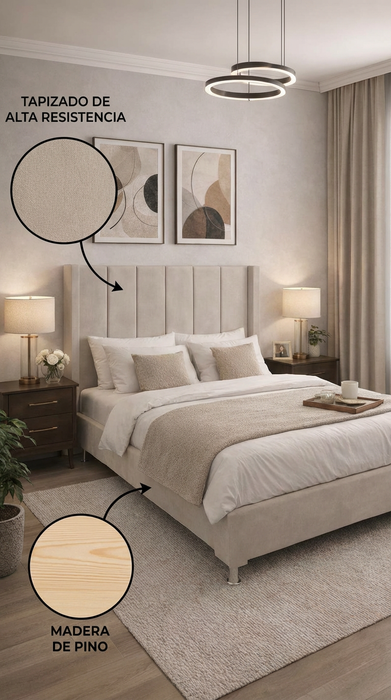 Juego de Base Cama + Cabecera Tapizada En Vinipiel Hanzo Crema | Madera de Pino | Moderno Diseño Y Calidad Premium  | Minimalista | Muy Resistente Y Garantizada