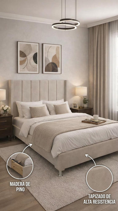 Base Cama Box Spring Tapizado Vinipiel Hanzo Crema | De Madera De Pino | Altura 30cm | Moderno Diseño Y Calidad Premium |  Minimalista | Con Patas Cromadas | Muy Resistente Y Garantizado
