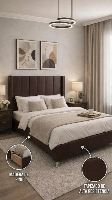 Base Cama Box Spring Tapizado en Vinipiel Chocolate | De Madera De Pino | Altura 30cm | Moderno Diseño Y Calidad Premium |  Minimalista | Con Patas Cromadas | Muy Resistente Y Garantizado