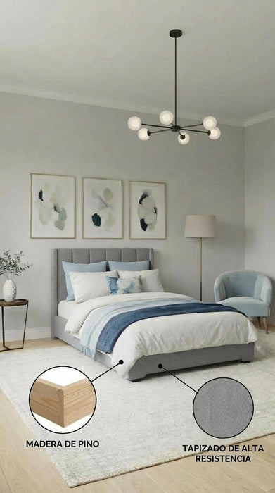 Base Cama Box Spring Tapizado en Tela Lino Gris | De Madera De Pino | Altura 26cm | Moderno Diseño Y Calidad Premium |  Minimalista | Muy Resistente Y Garantizado