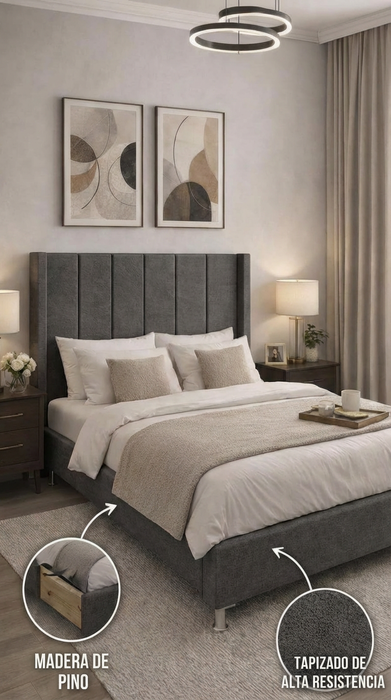 Base Cama Box Spring Tapizado Vinipiel Hanzo Gris | De Madera De Pino | Altura 30cm | Moderno Diseño Y Calidad Premium |  Minimalista | Con Patas Cromadas | Muy Resistente Y Garantizado