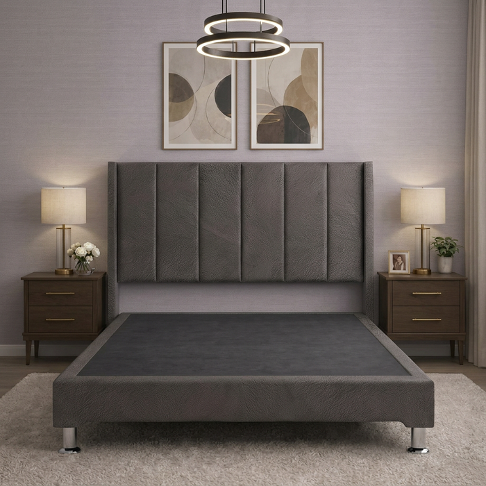 Juego de Base Cama + Cabecera Tapizada En Vinipiel Hanzo Gris | Madera de Pino | Moderno Diseño Y Calidad Premium  | Minimalista | Muy Resistente Y Garantizada