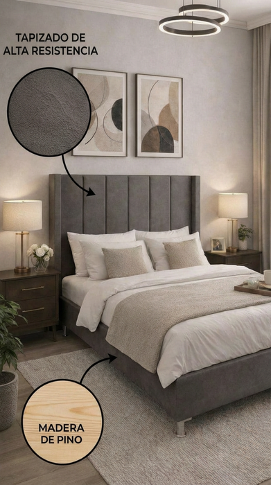 Juego de Base Cama + Cabecera Tapizada En Vinipiel Hanzo Gris | Madera de Pino | Moderno Diseño Y Calidad Premium  | Minimalista | Muy Resistente Y Garantizada