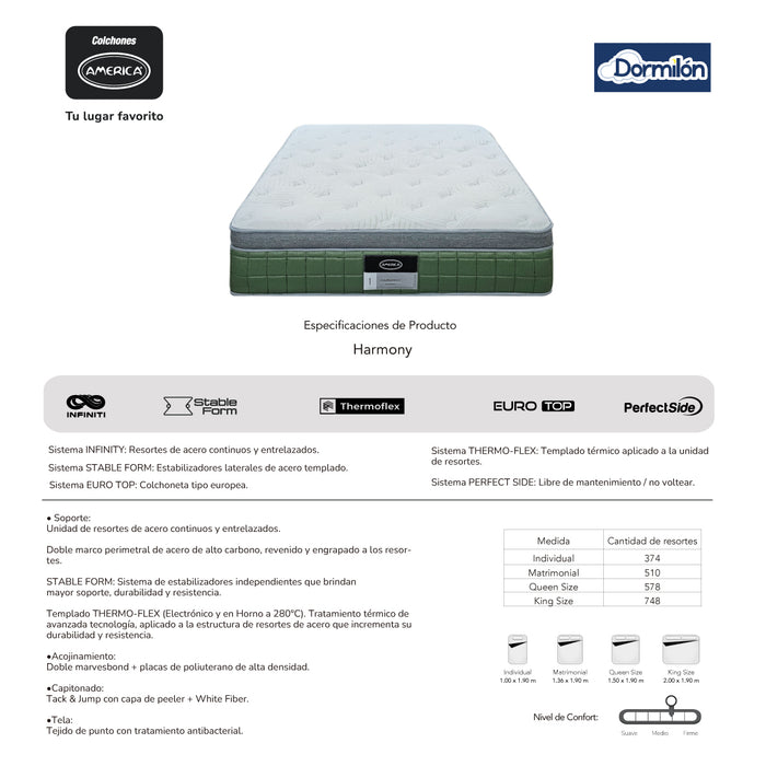 Colchón HARMONY – Colchoneta Euro Top y Resortes Infiniti (Individual, Matrimonial, Queen o King) PREMIUM