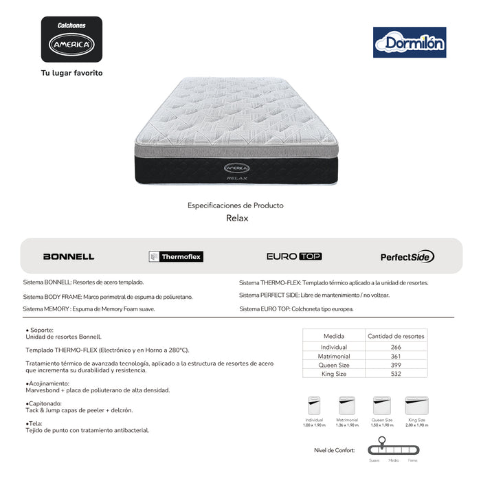 Colchón America RELAX – Colchoneta Euro Top con MEMORY FOAM y Resortes BONNEL (Individual, Matrimonial, Queen o King) MUY  PREMIUM